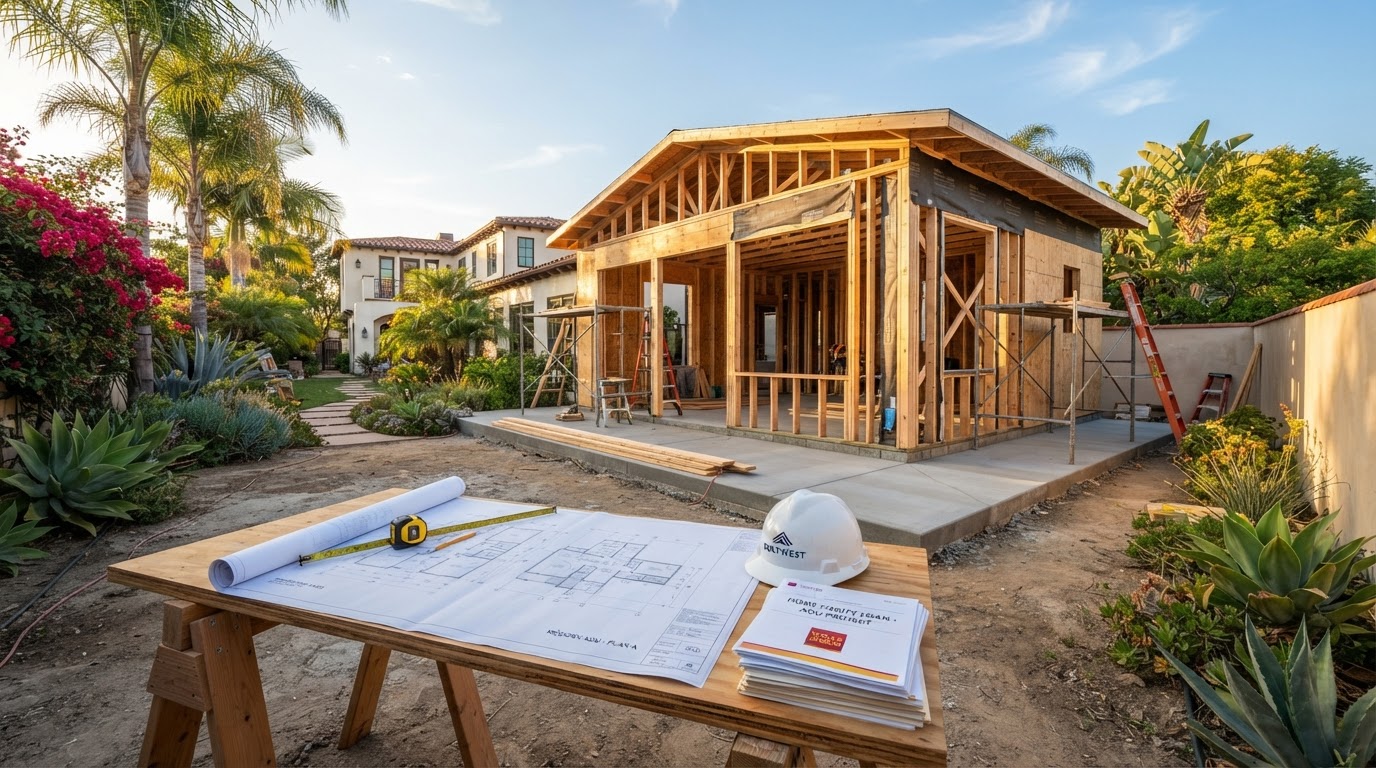 Modern detached ADU under construction in a Southern California backyard with architectural plans, a hard hat and loan documents on a sawhorse table, representing ADU financing and construction loan planning