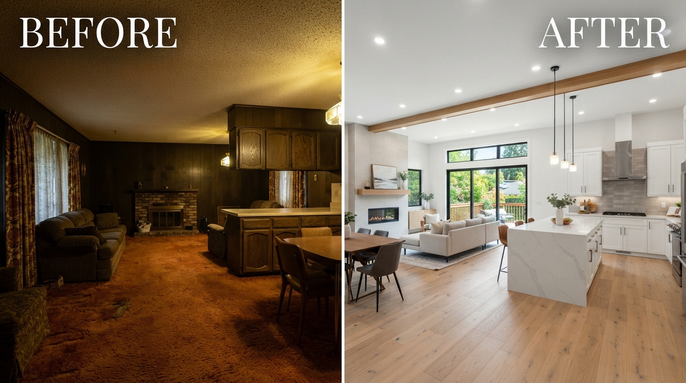 Before and after comparison of a whole home remodel showing transformation from outdated interior to modern open-concept living space
