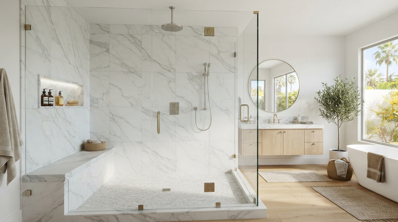 Custom walk-in shower with large-format marble tile, frameless glass, and built-in niche in a Southern California luxury bathroom