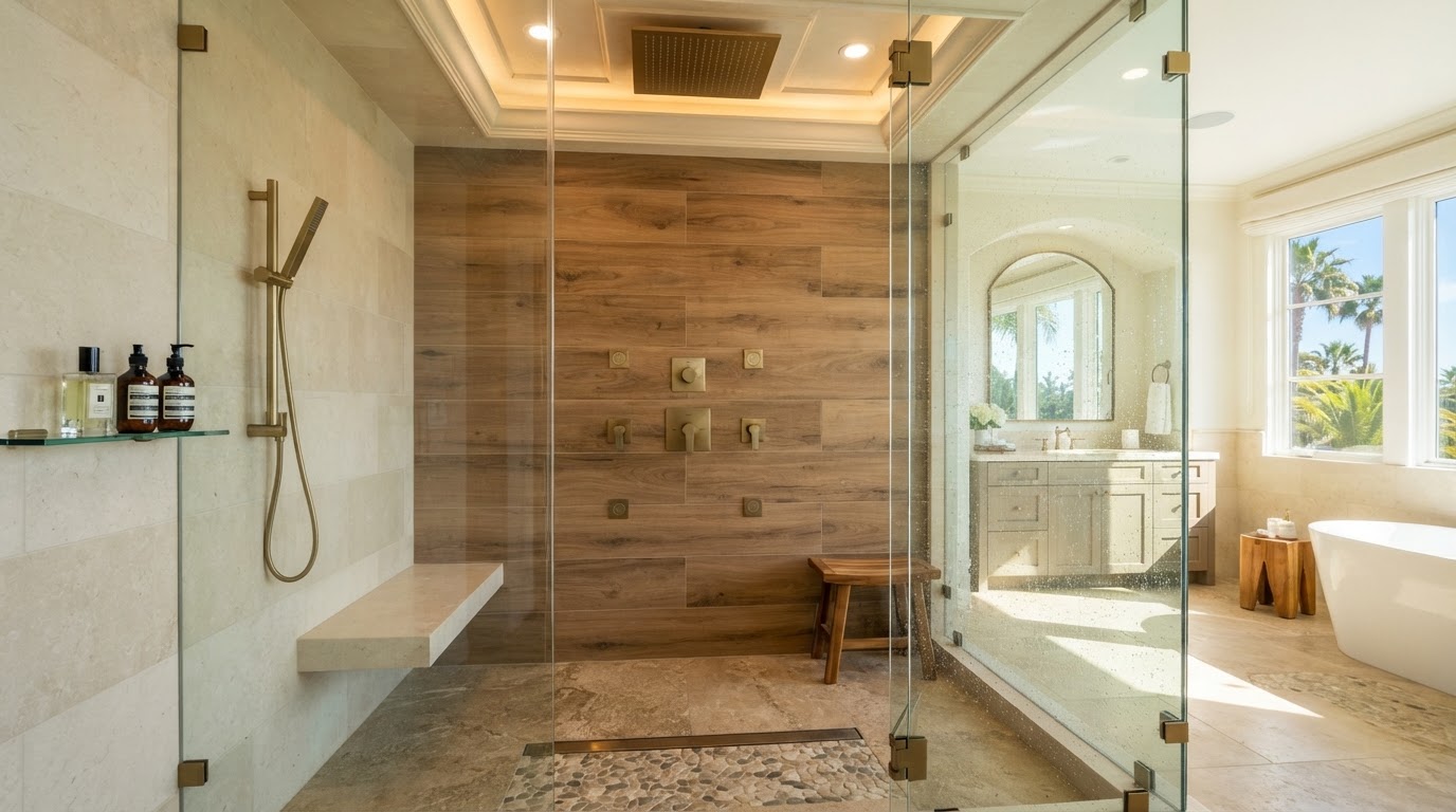 Luxury primary bathroom shower with a multi-function control wall featuring thermostatic temperature control, diverter, and volume controls coordinating rain showerhead, handheld shower, and body jets, frameless glass, warm stone tile