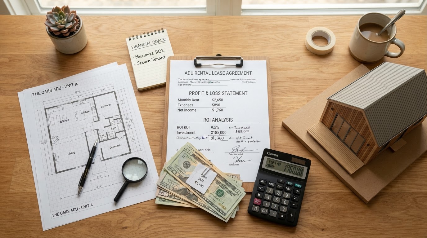 Flat lay of a calculator, architectural floor plans, a rental lease clipboard and cash on a warm oak desk illustrating ADU rental income and ROI financial planning