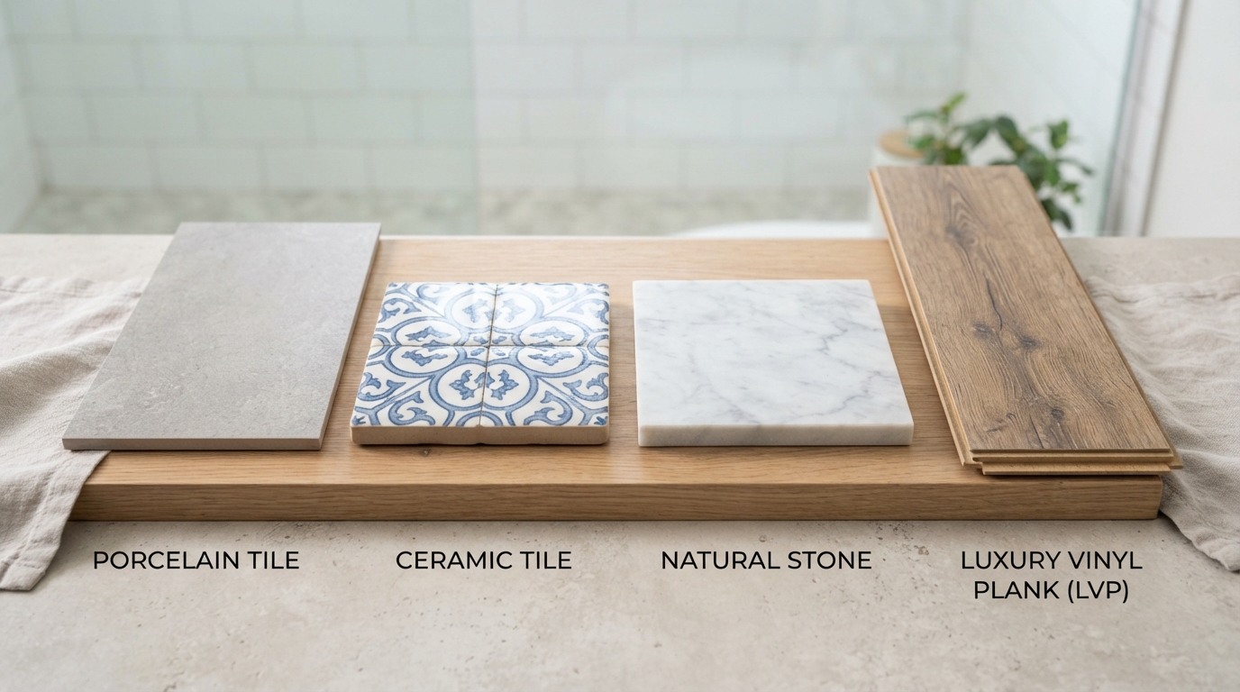 Bathroom flooring comparison showing porcelain tile, ceramic tile, natural stone, and luxury vinyl plank samples