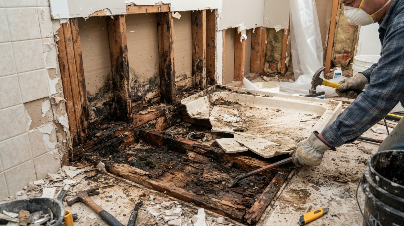 Damaged shower pan being demolished to reveal hidden water damage — rotted wood subfloor, stained swollen framing and dark mold spots beneath an old shower base during a bathroom remodel