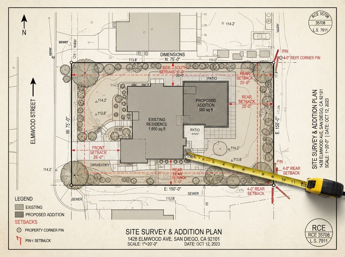 An aerial site survey drawing of a Southern California residential lot showing property boundary lines, setback dimension lines, a single-story house footprint, and a proposed home addition footprint shaded, with a surveyor measuring tape and stakes, representing zoning setbacks and property-line requirements for a home addition permit