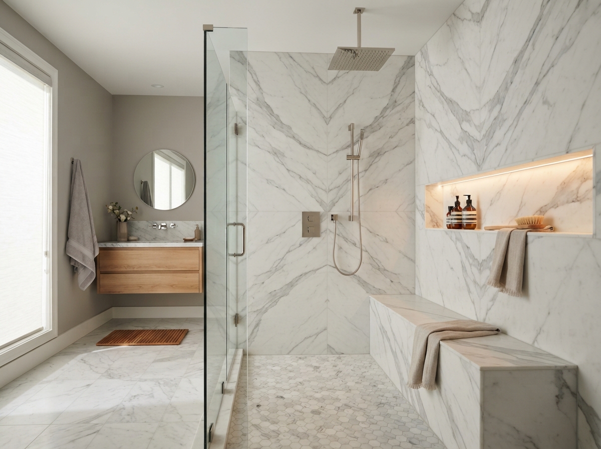 Luxury walk-in shower with frameless glass enclosure, marble tile, built-in niche, and bench seating in a modern bathroom remodel