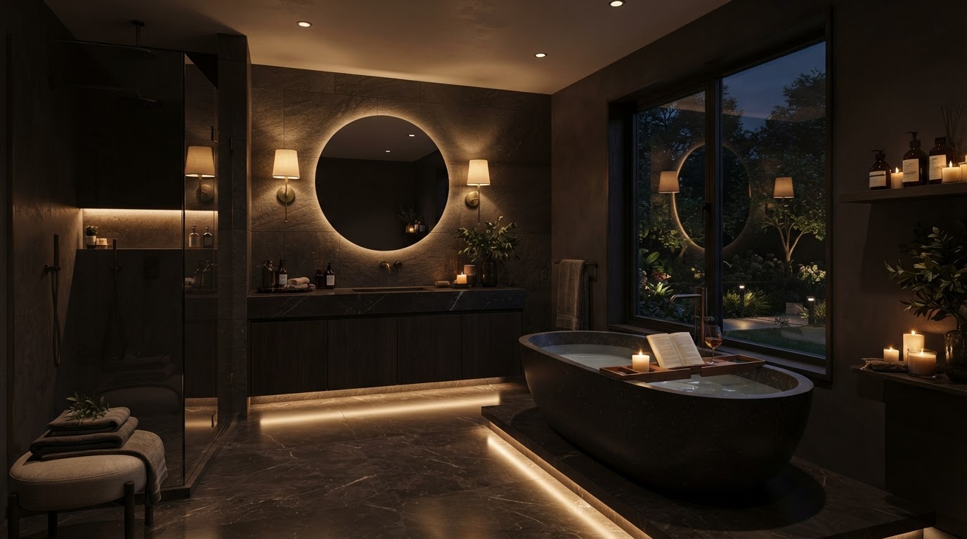 Spa-like luxury bathroom at night with dimmed layered lighting, low-level toe-kick pathway lighting, backlit mirror, and freestanding soaking tub