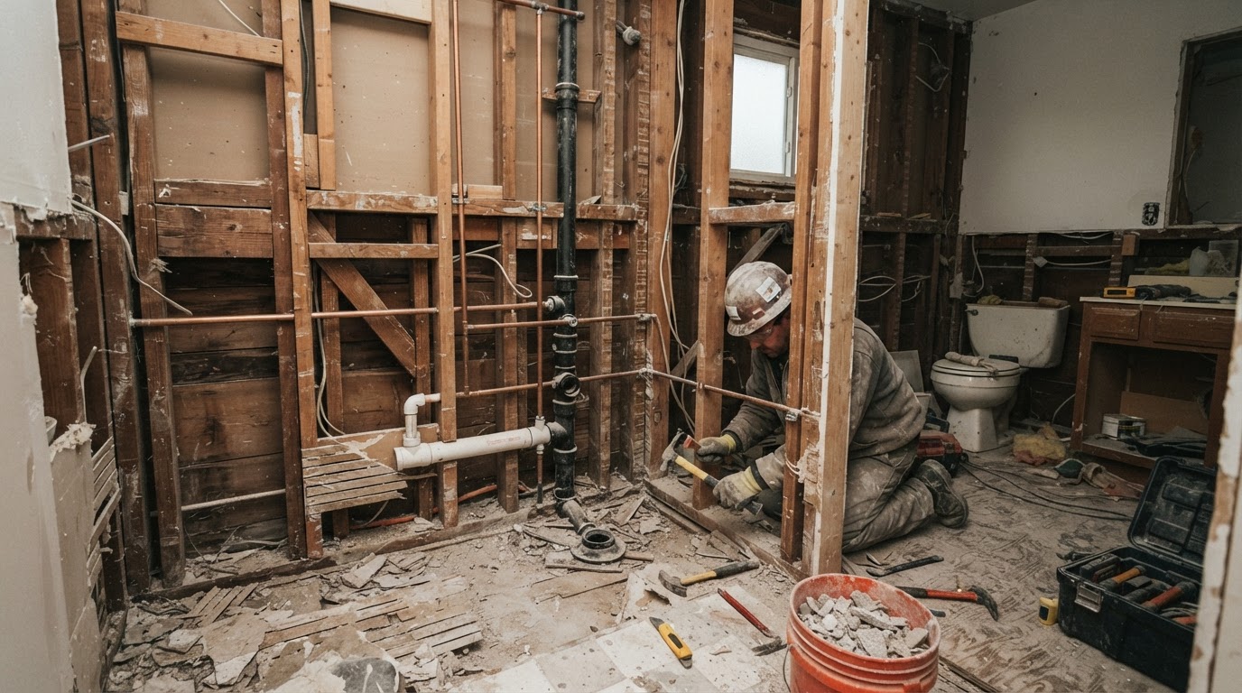 Bathroom renovation in progress showing demolition with exposed plumbing and framing in Los Angeles