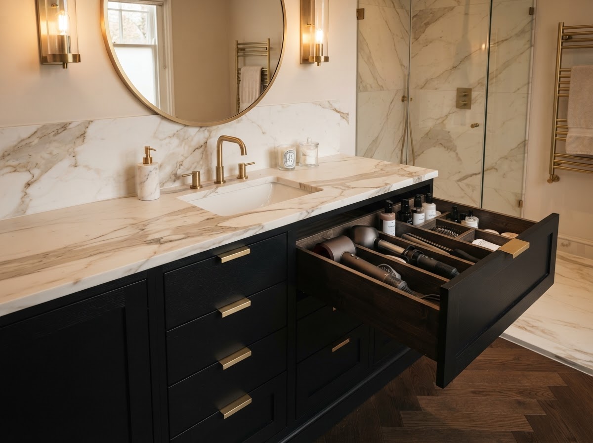 Custom bathroom vanity with dramatic marble-look countertop, deep organized pull-out drawers with dividers for hair tools and toiletries, matte black cabinetry, brushed gold hardware, and a polished undermount sink