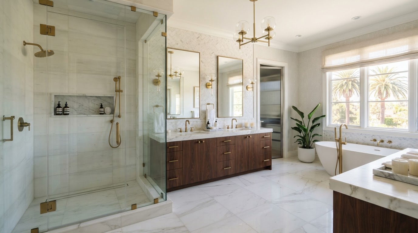 Beautiful finished luxury bathroom with walk-in shower and double vanity by Venguard Construction in Orange County