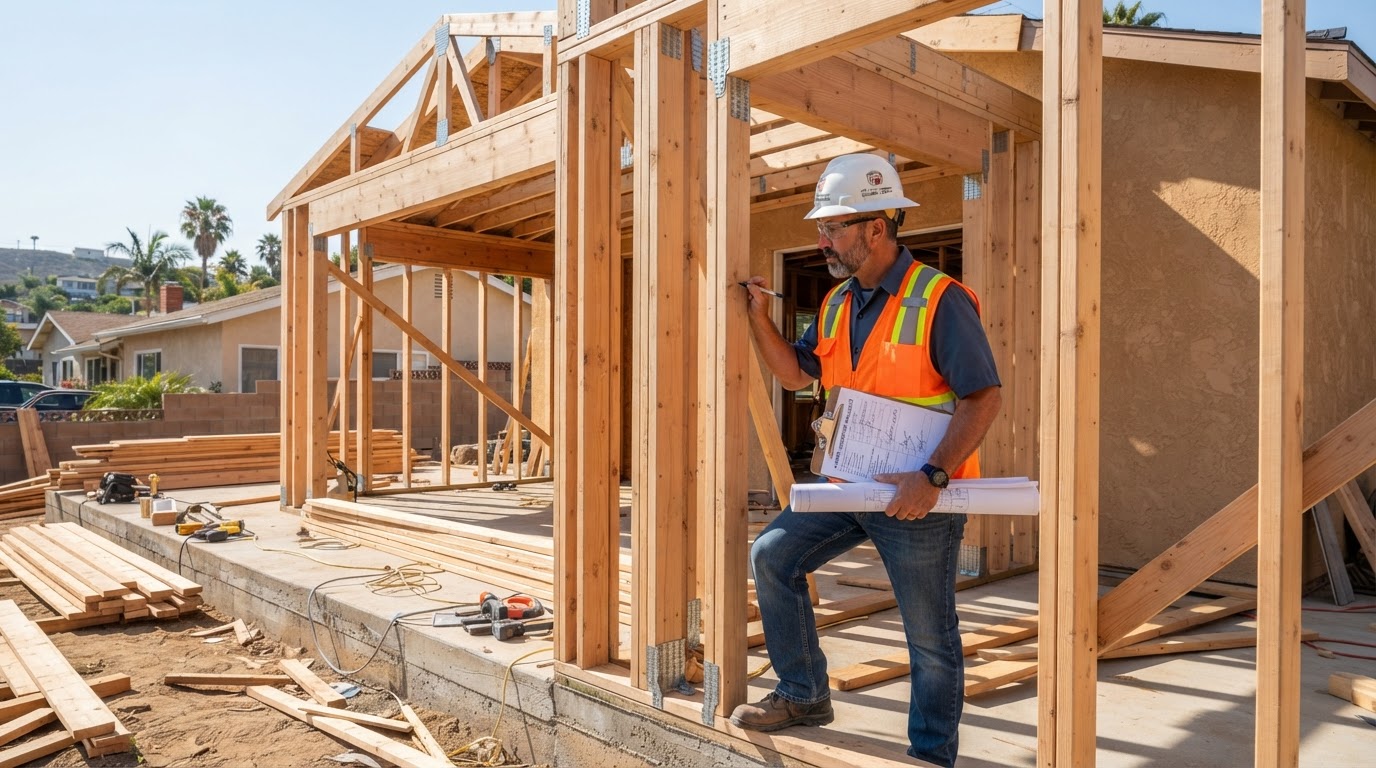 A building inspector in a hard hat and safety vest examining exposed wood framing, studs, and structural connections of a home addition under construction, holding a clipboard with an inspection checklist and approved plans, representing required framing and structural inspections during home addition construction in California