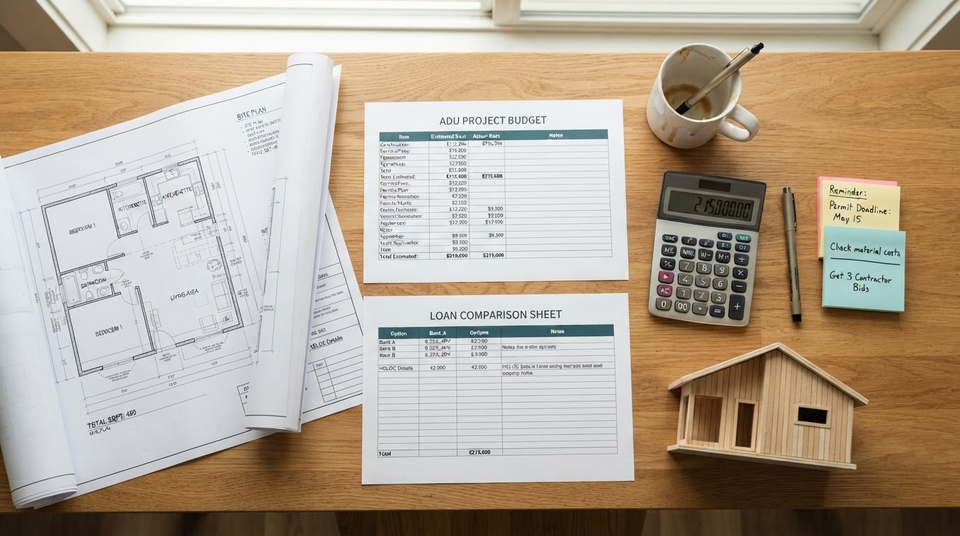 Overhead flat lay on a warm wood desk of ADU budget planning materials: a calculator, architectural floor plan blueprints, printed loan comparison sheets, a pen, sticky notes and a small model house, illustrating how to compare ADU financing offers and budget planning