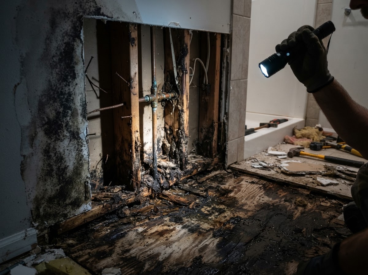 Hidden water damage behind a bathroom wall: rotted wood framing, dark mold staining on drywall and a swollen discolored subfloor exposed during a remodel demolition