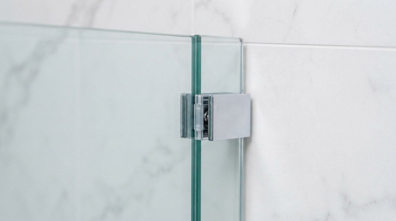 Close-up detail of thick frameless low-iron tempered shower glass panel edge with polished edges and chrome clip hardware against large-format white porcelain tile
