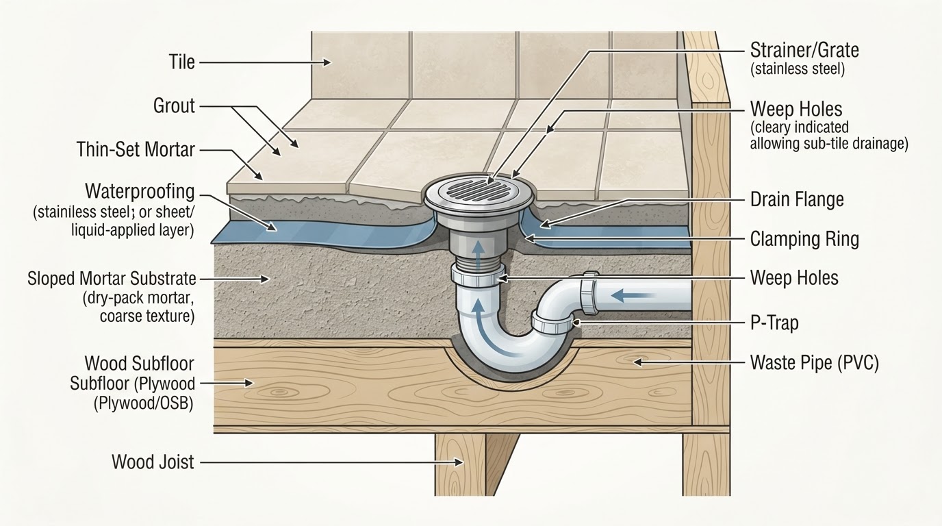 Architectural cross-section diagram of a shower pan assembly showing layered construction from tile and setting bed down through waterproofing membrane, sloped mortar substrate, and wood structural subfloor with drain connection