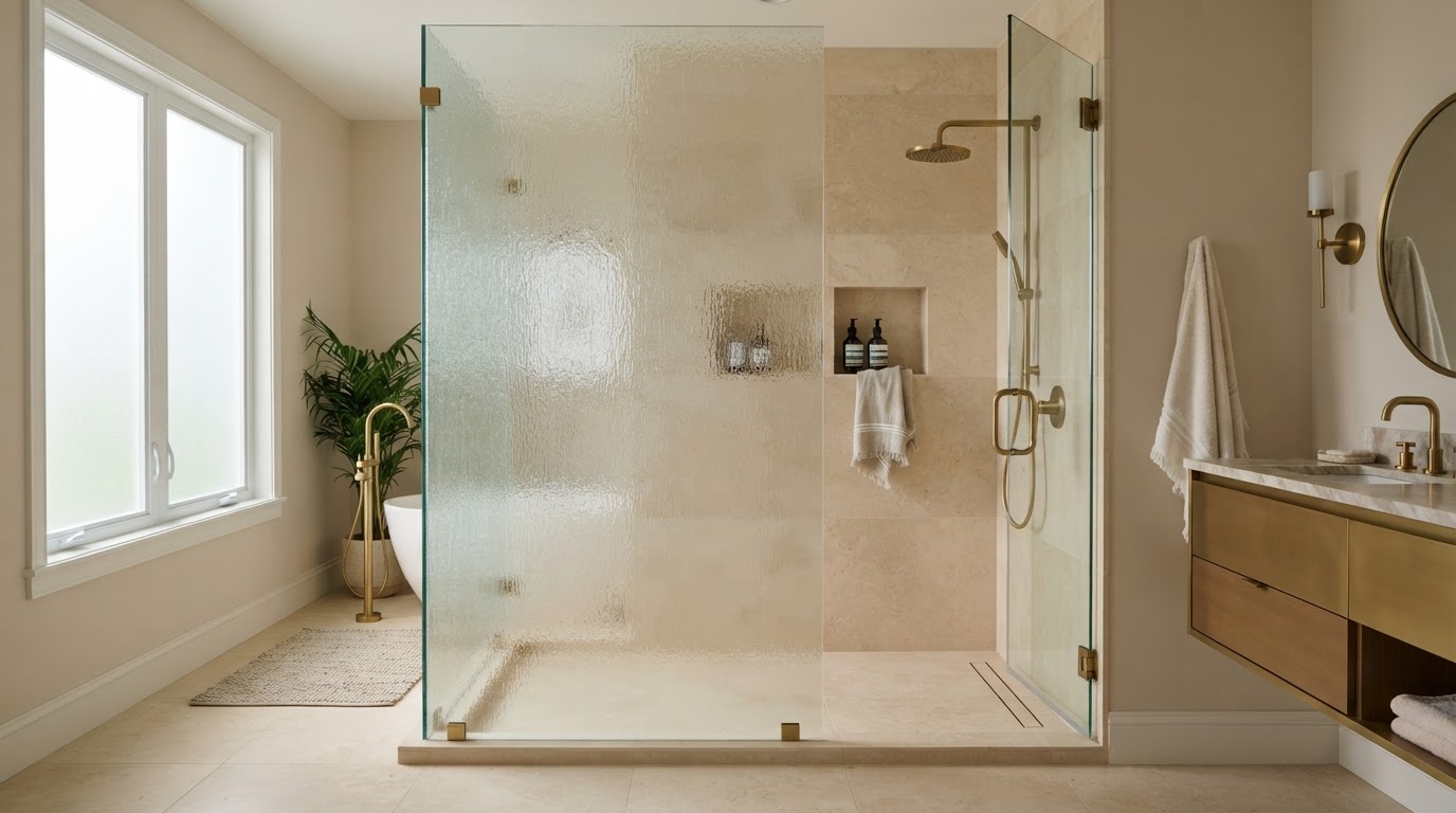 Elegant walk-in shower with frosted textured rain-glass panel and clear frameless glass combination, brushed brass hardware, curbless entry and neutral cream stone tile in a spa-like luxury bathroom