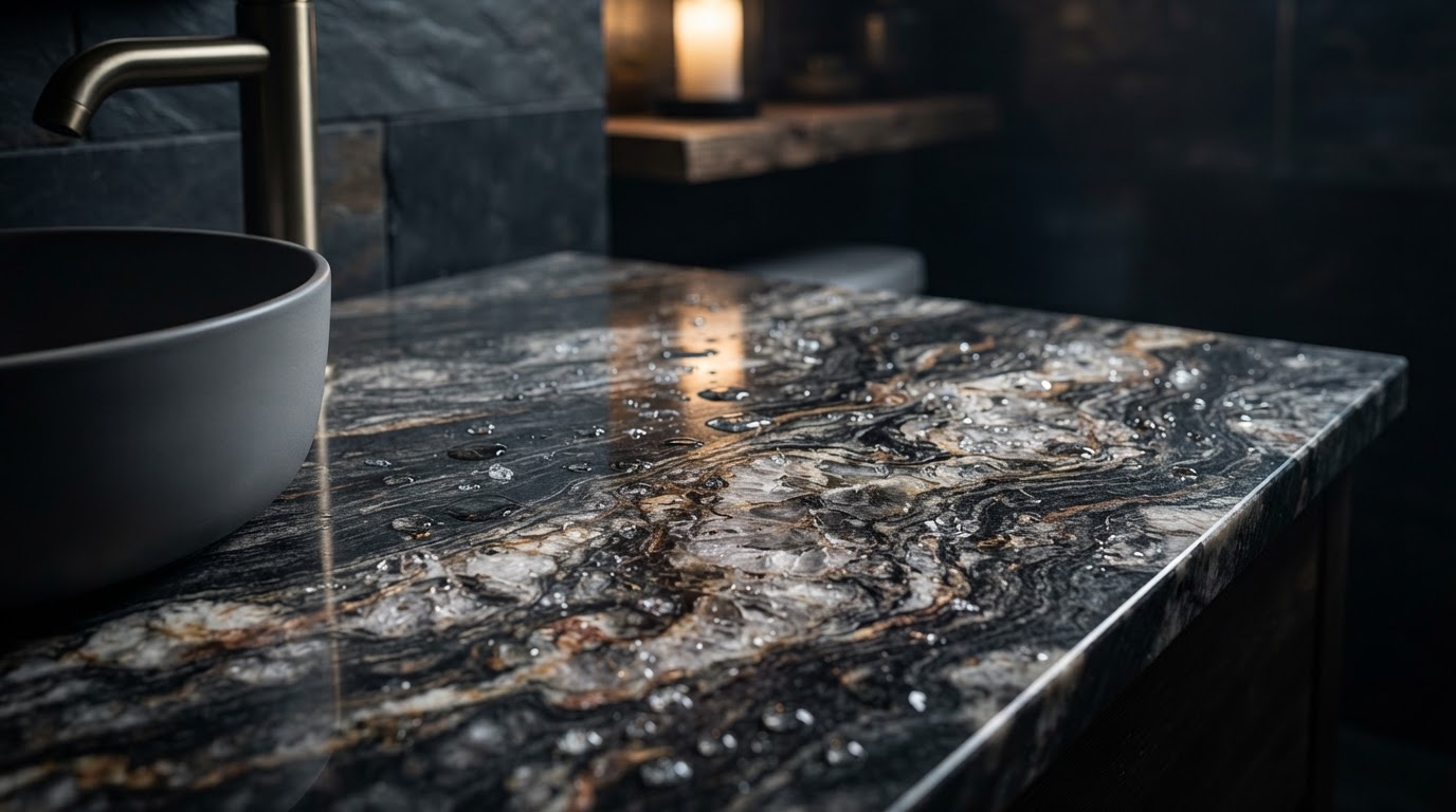 Polished granite bathroom vanity countertop slab with rich natural mineral veining and unique geological patterns