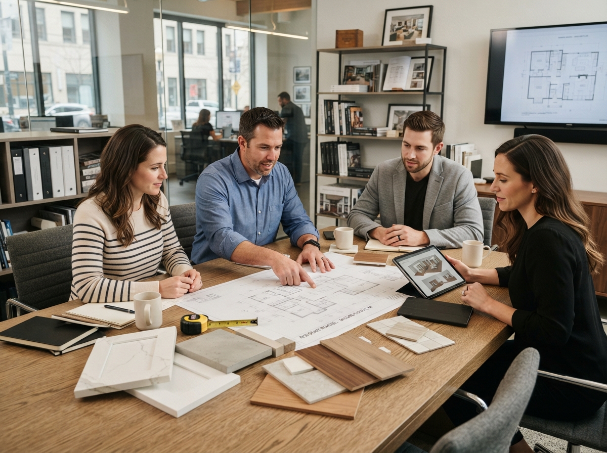 Design-build contractor team meeting with homeowners reviewing architectural plans and material samples for a whole home remodel
