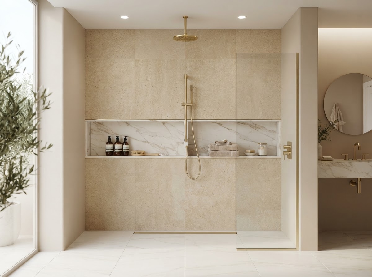 Modern bathroom shower with a long horizontal full-width niche featuring two compartments, marble-look porcelain shelf, brushed gold fixtures and minimalist trim