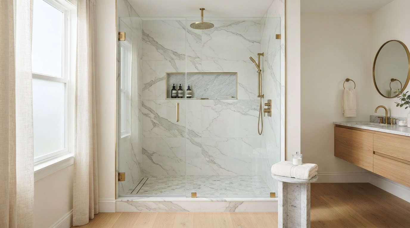 Luxury walk-in shower converted from a bathtub with frameless glass, large-format marble-look tile, recessed shower niche, brushed brass fixtures, and a low-threshold entry