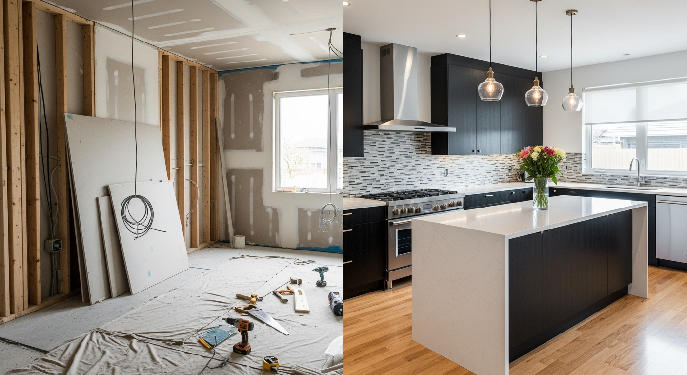 A professional contractor and homeowner discussing kitchen design plans over blueprints