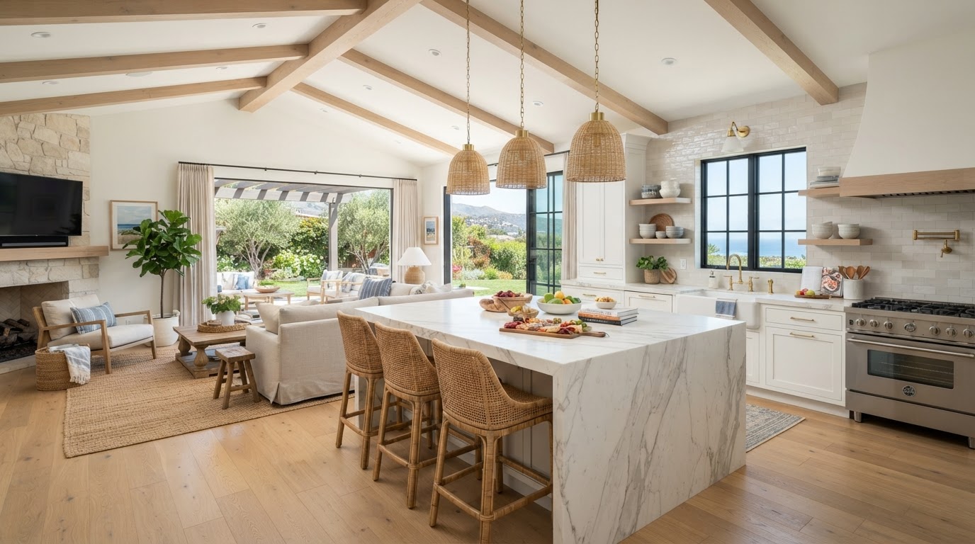 Beautiful open-concept kitchen with large island, pendant lights, hardwood floors, and coastal California aesthetic
