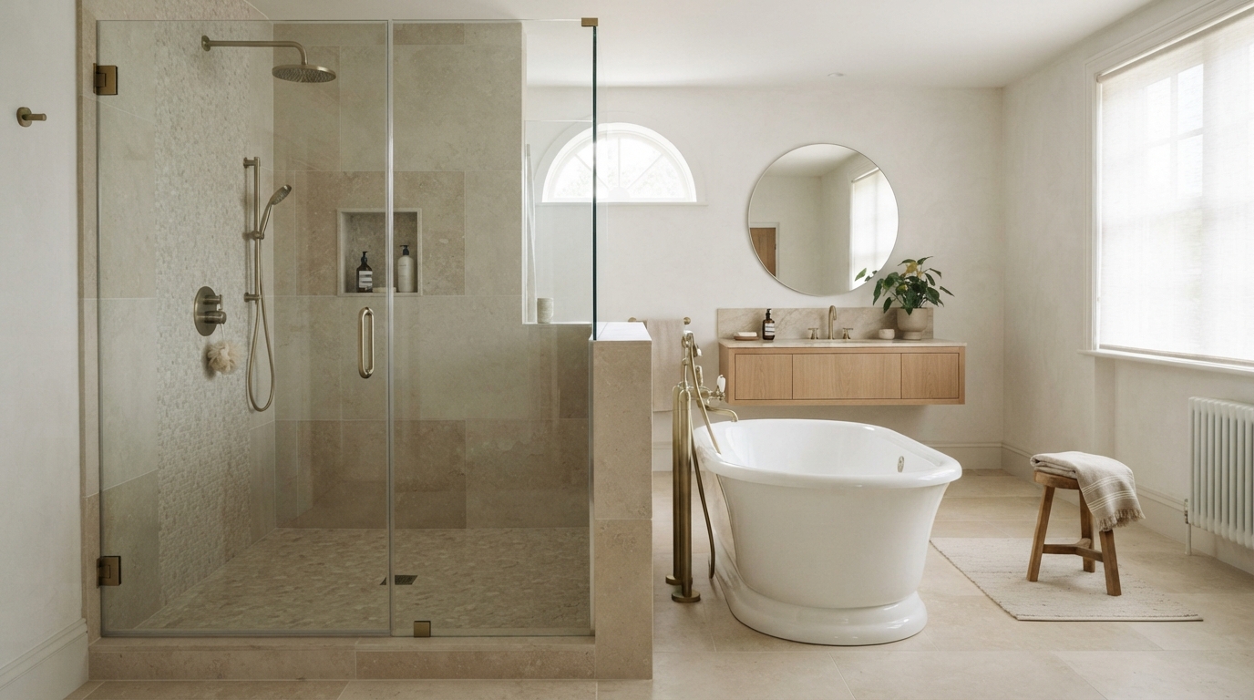 Walk-in shower with frameless glass compared to a traditional bathtub in a modern bathroom