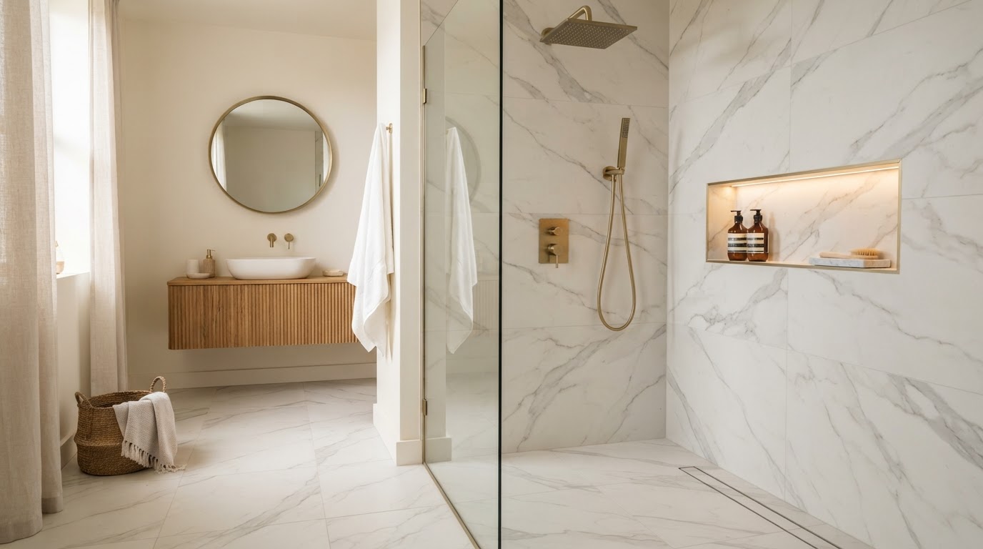 Finished contemporary curbless walk-in shower with frameless glass, large-format marble-look porcelain tile walls and floor, brushed brass fixtures and a recessed niche