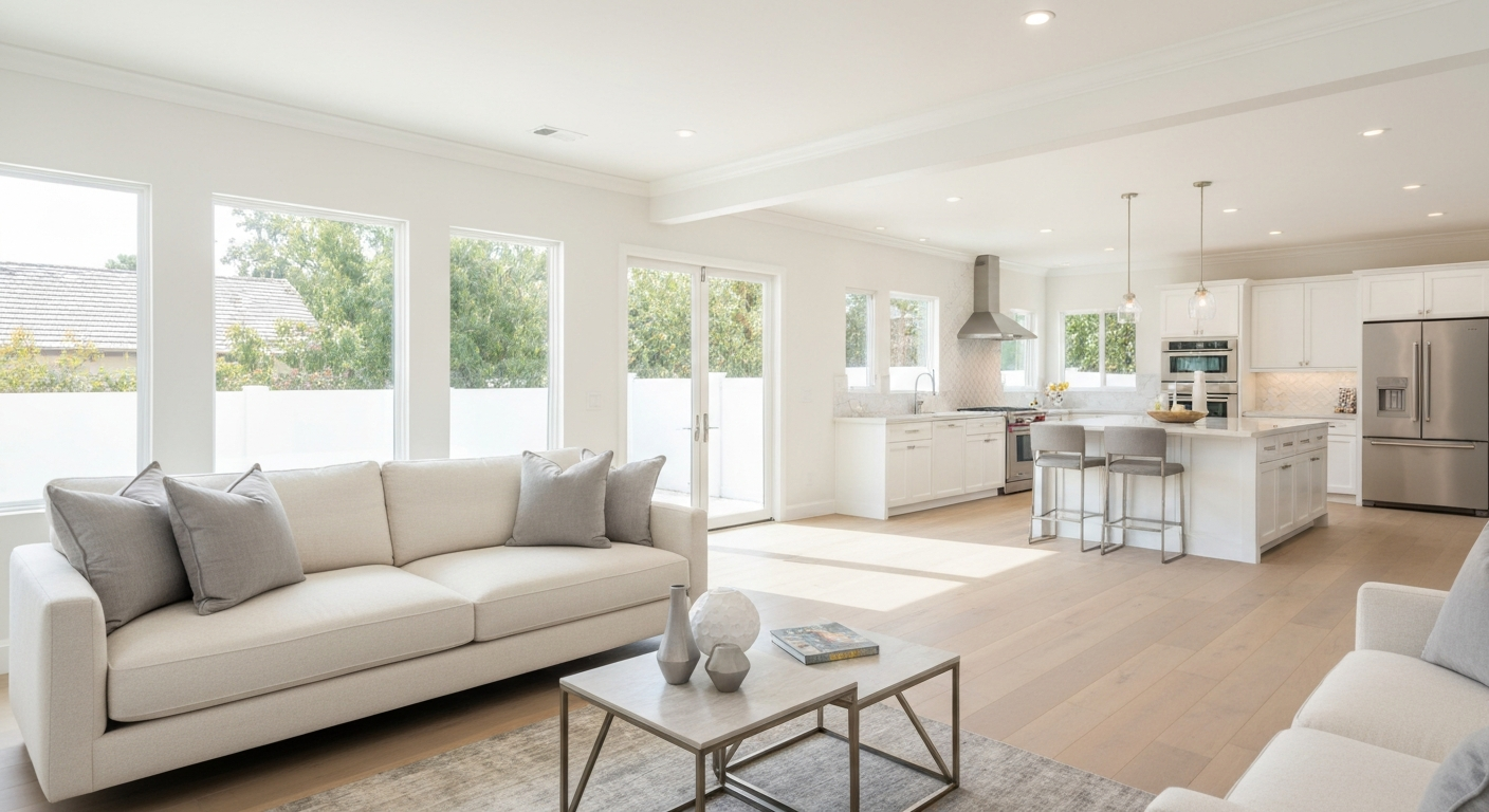 Beautifully remodeled luxury living room and open kitchen