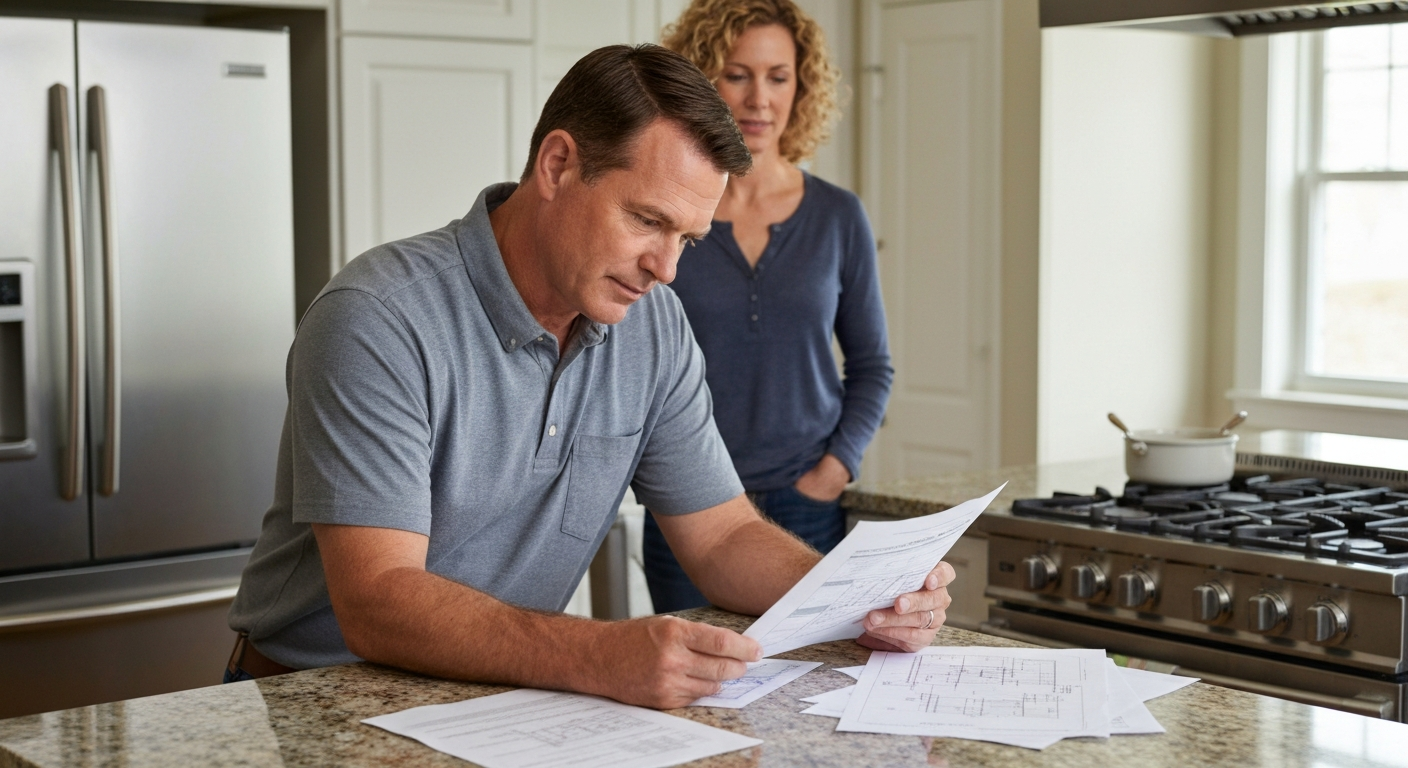 Homeowner reviewing a remodeling budget and contractor proposal at a kitchen island