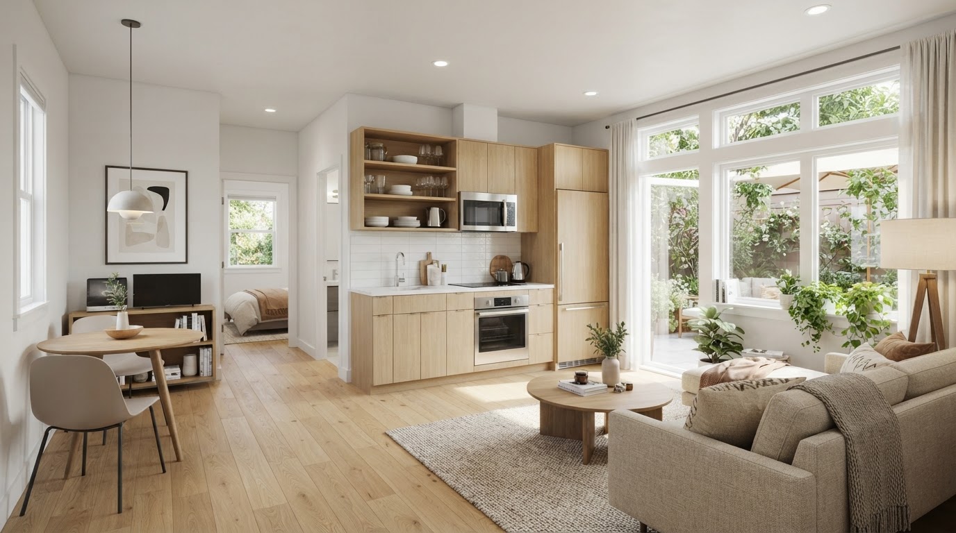 Bright modern one-bedroom ADU interior designed for long-term rental with a compact kitchen, light oak cabinetry, white subway tile backsplash, a small dining nook and large windows