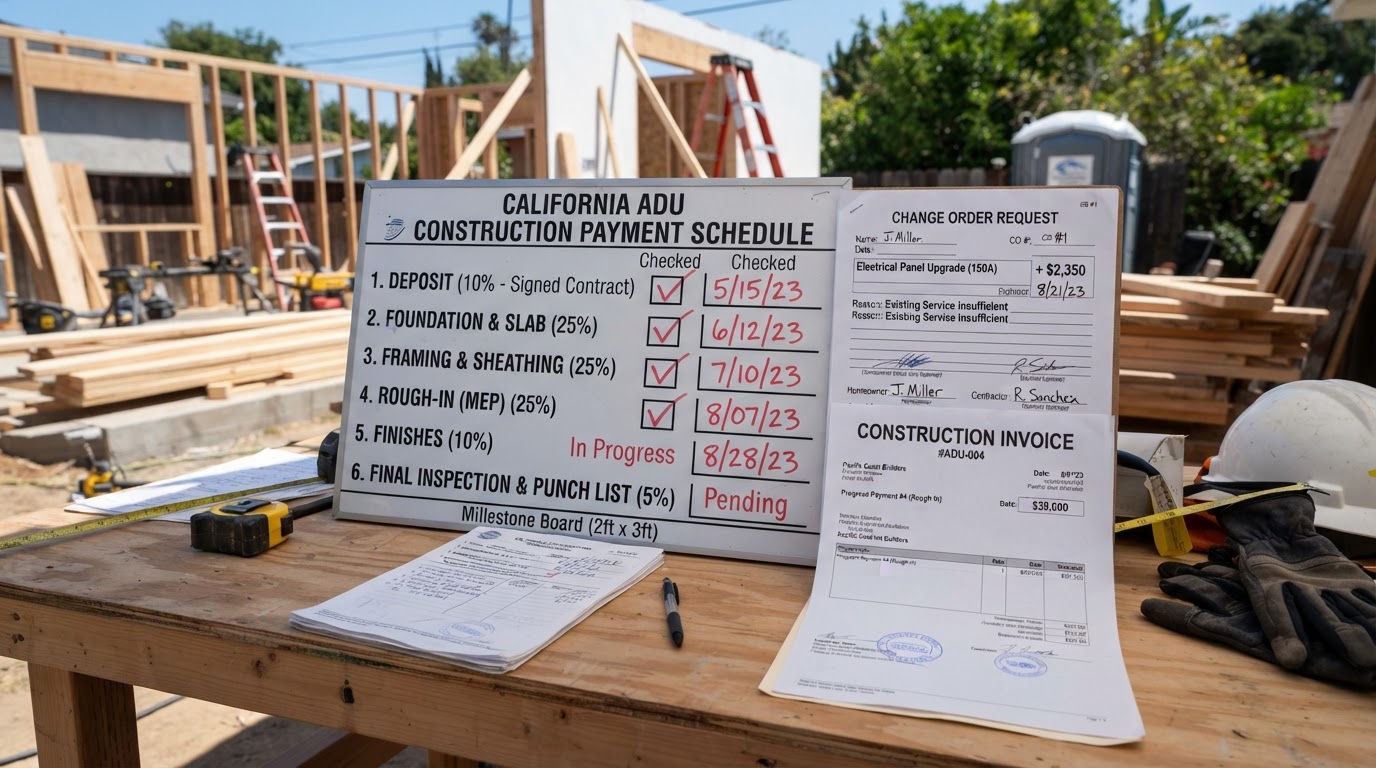A construction progress payment milestone board on a job site table showing staged ADU construction payments for foundation, framing, rough-in, and finish milestones with checkmarks, alongside a change order form and contractor invoice, representing California ADU construction payment schedules and change order management