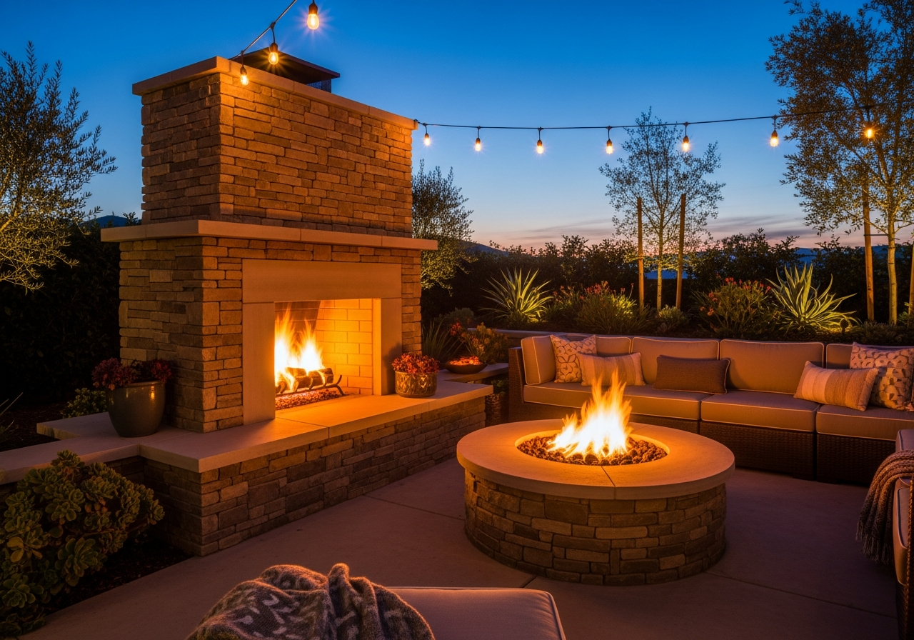 Beautiful outdoor fireplace with stone surround and comfortable seating area in a Southern California backyard
