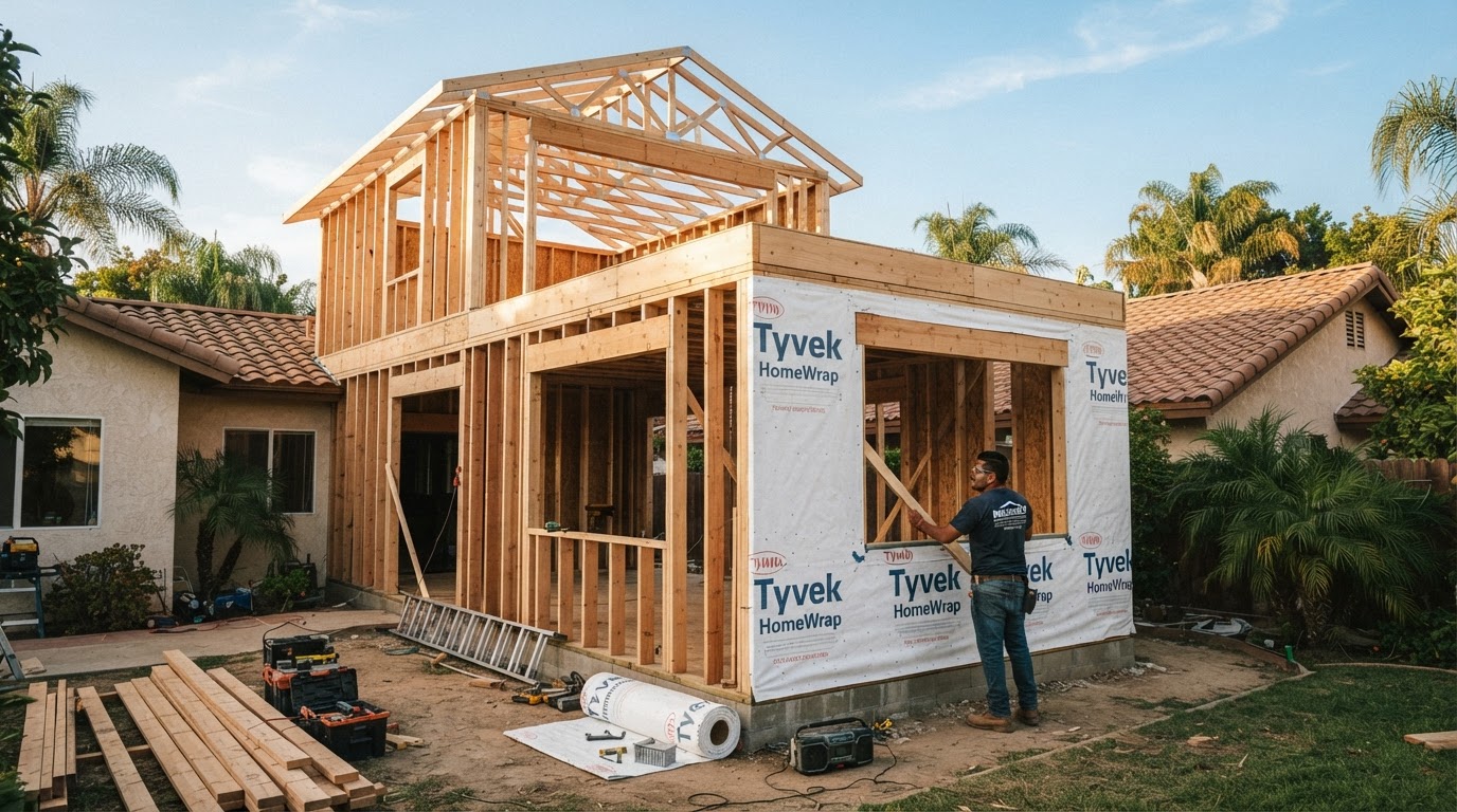 Freshly built wood wall framing and roof trusses for a home addition under construction, with house wrap weather-resistive barrier being installed over the studs and a window opening framed, representing the framing and weather protection phase of the home addition construction timeline