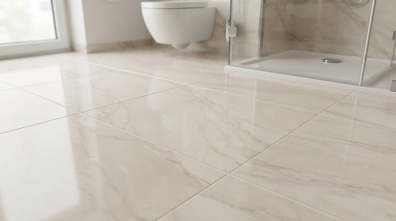 Close-up of polished large-format porcelain bathroom floor tiles with subtle marble veining and clean minimal grout lines in warm neutral tones