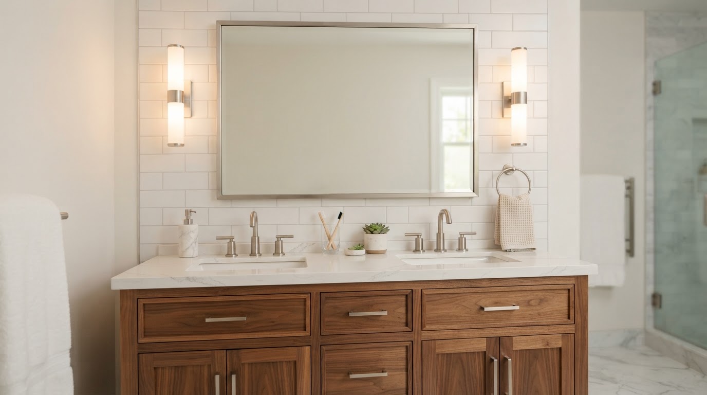 Bathroom vanity with two vertical wall sconces flanking a large mirror for even, shadow-free facial illumination