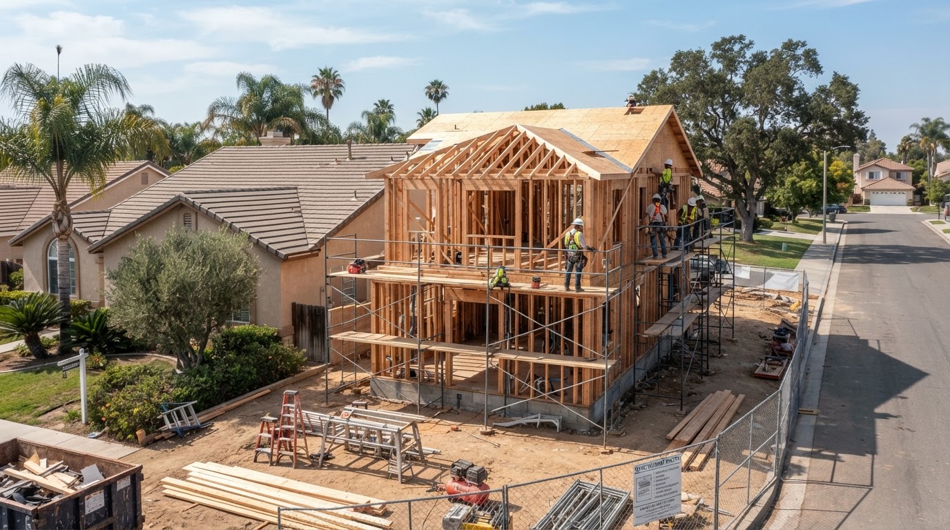 Attached ADU addition under construction connected to a primary single-family home with exposed wood framing, new foundation, and roof tie-in