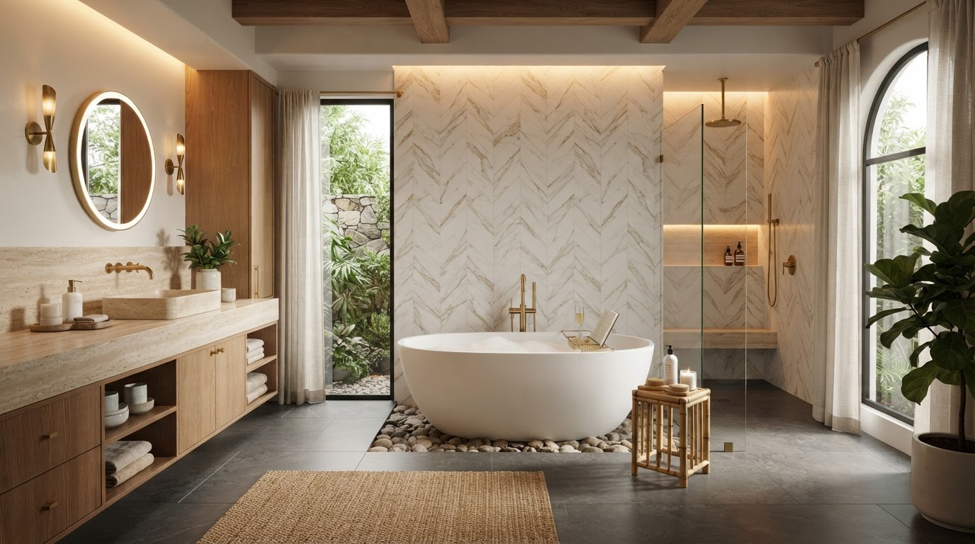 Luxury bathroom remodel with herringbone marble-look porcelain tile feature wall, freestanding soaking tub, natural stone accents, warm wood cabinetry and dramatic layered lighting