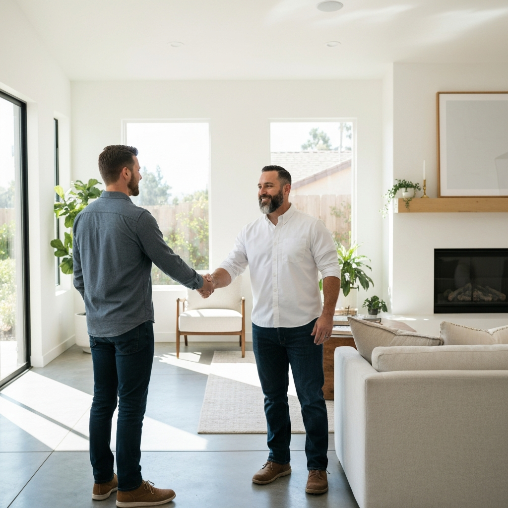Homeowner and contractor shaking hands in a beautifully finished modern living room