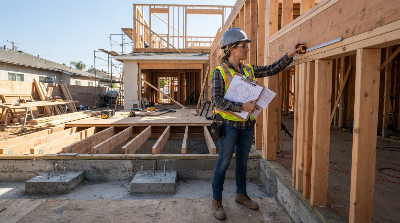 A structural engineer inspecting exposed wood framing and concrete foundation of a single-story house being prepared for a second-story addition in Southern California, holding blueprints and a measuring tape, exposed joists and footings visible