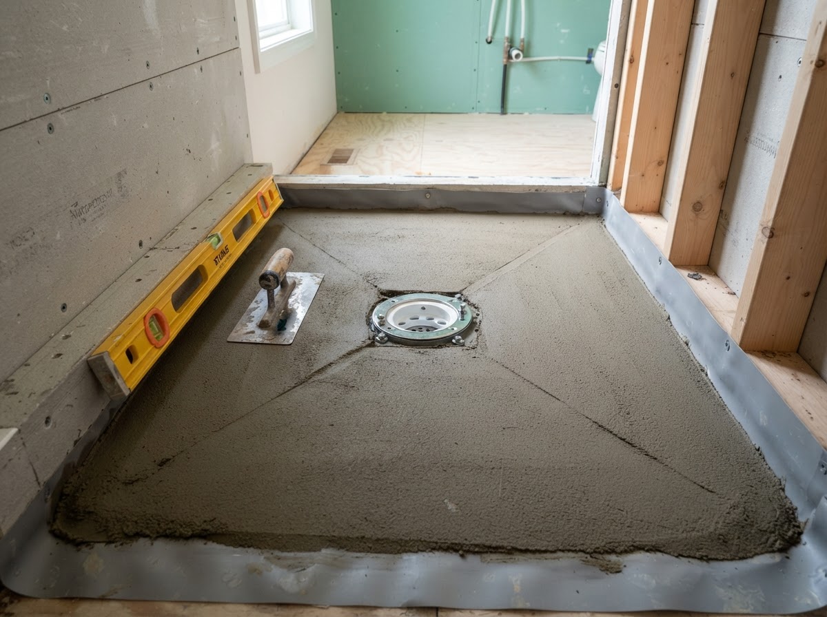 Properly sloped shower floor mortar bed with a clamping drain installed in the center, mortar packed and sloped toward the drain weep holes, waterproof pan liner visible
