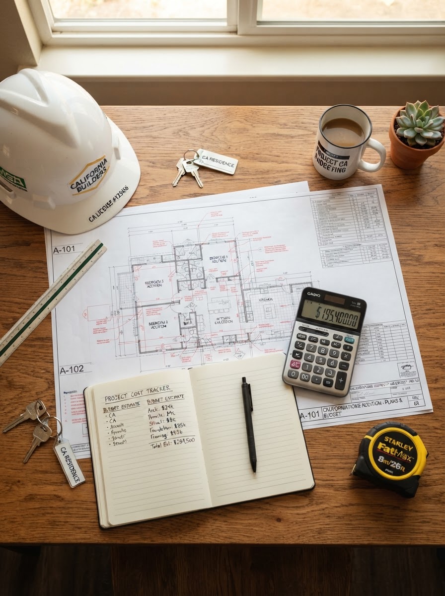 Architectural blueprints and home addition floor plans spread on a warm oak desk with a calculator, measuring tape, and hard hat, representing home addition budgeting, contingency planning, permits, and cost estimating in California