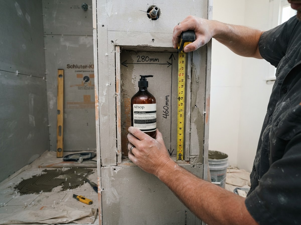 Hand measuring a large shampoo bottle against a shower wall cavity to plan custom shower niche dimensions during a bathroom remodel