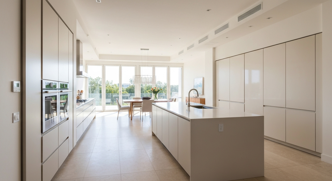 Flawless natural stone flooring in a luxury open-concept kitchen