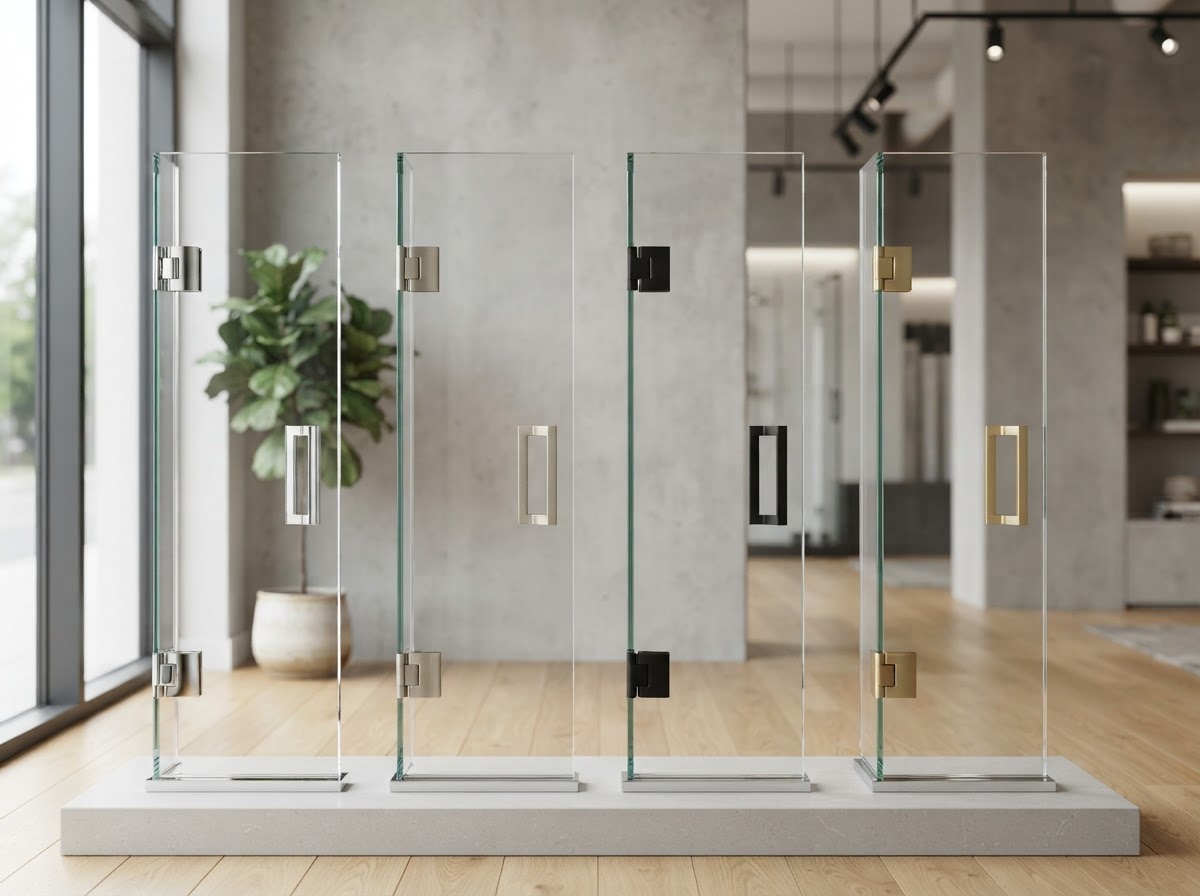 Collection of shower door hardware finishes including polished chrome, brushed nickel, matte black, and brushed brass hinges and handles on glass panels