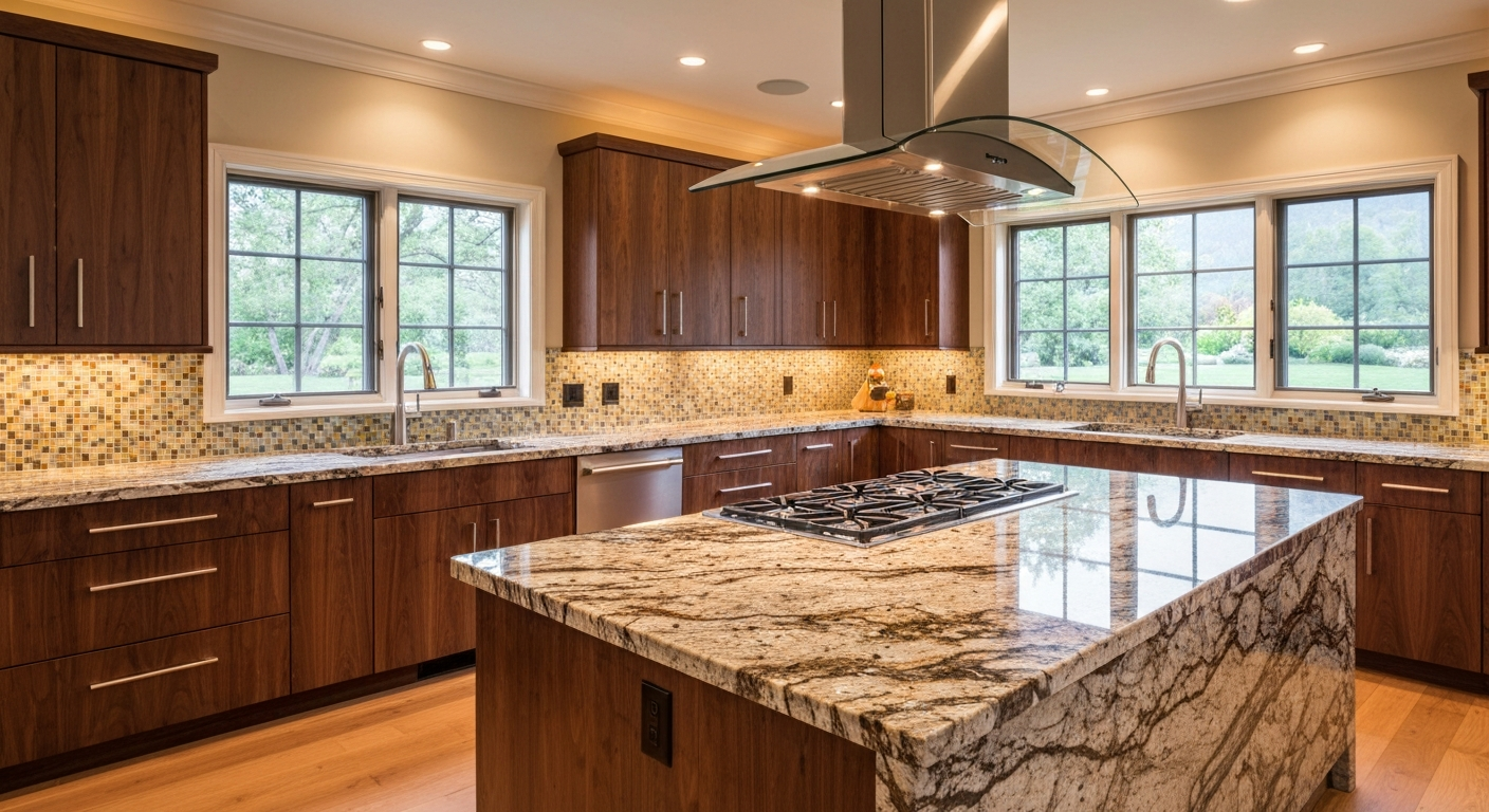 High-end kitchen featuring natural granite countertops with distinct mineral patterns
