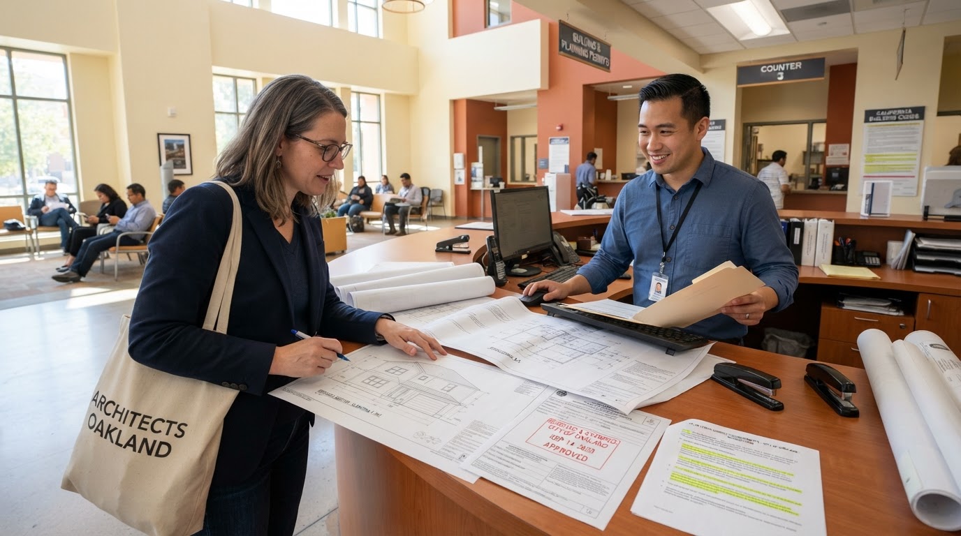 An architect submitting construction drawings and a building permit application to a city planner at a building department counter, with a stamped permit form, plan-check correction comments, and a residential addition elevation drawing on the counter, representing the home addition permit submission and plan check approval process in California