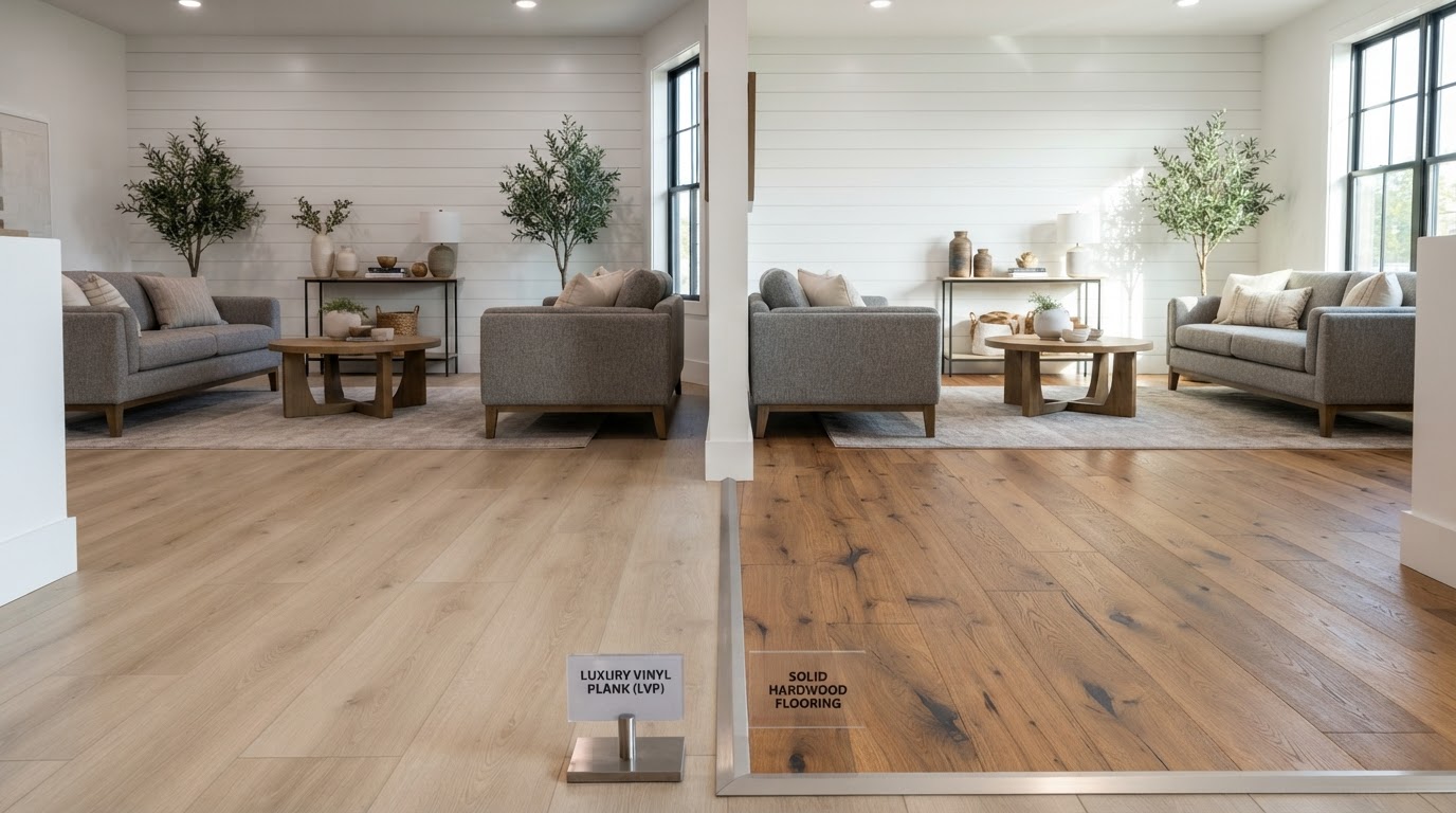 Side-by-side comparison of luxury vinyl plank (LVP) flooring versus solid hardwood flooring showing realistic wood-look vinyl planks next to genuine natural hardwood planks with rich grain and variation