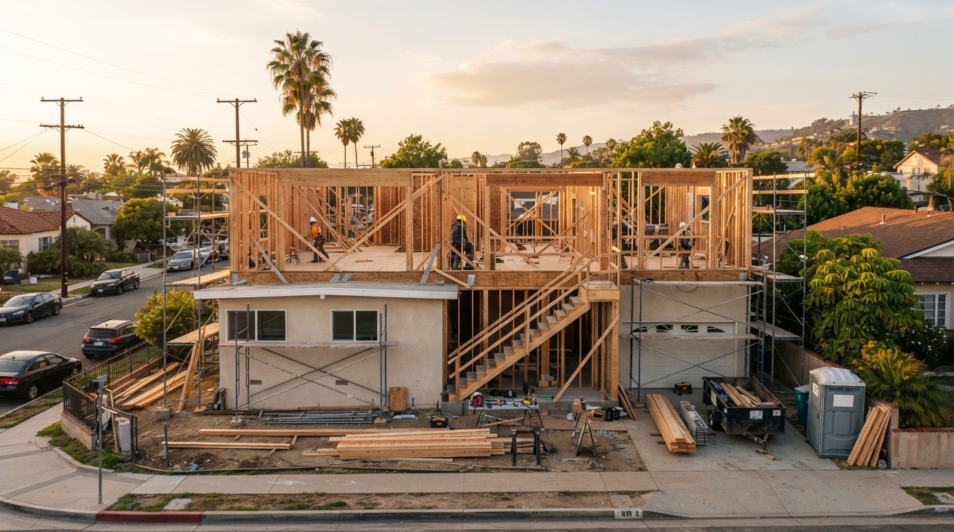 A second-story home addition under construction in a Southern California neighborhood with the existing single-story roof removed, new wood framing for the upper floor erected on scaffolding, structural reinforcement and a new staircase opening visible