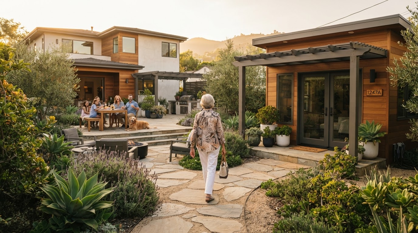 An elderly parent walking toward a detached backyard ADU cottage with a separate entrance while family members relax on the main house patio, representing multigenerational living and choosing an ADU or home addition for aging parents in California