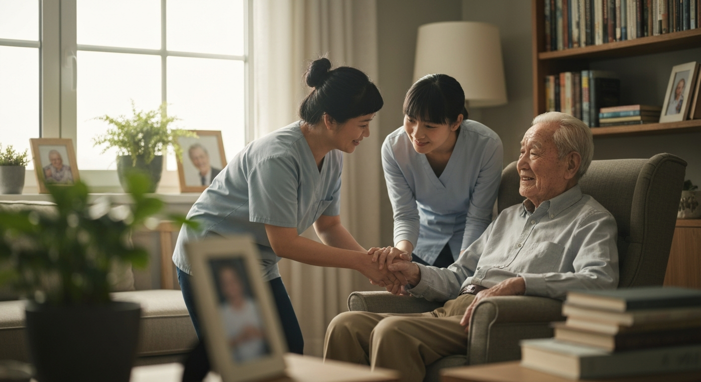 Caregiver supporting an aging loved one in a comfortable home